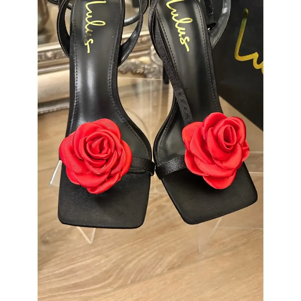 Black Satin Red Rosette Ankle Strap Heels by Lulus Size 7